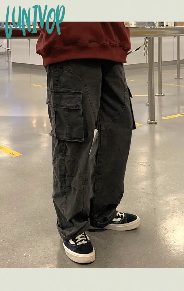 fall outfits men Retro Men's and Women's Pocket Trendy Casual Pants Trousers Loose American Straight High Street Overalls Pants