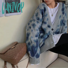 fall outfits women Sweater Cardigan Coat for Women Autumn and Winter New Loose Lazy Student Korean Style V-neck Retro Tie-Dyed Top