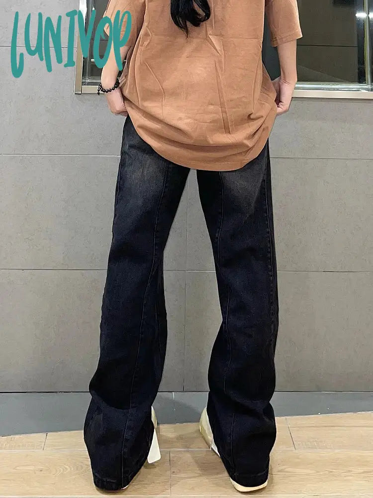 Lunivop Fall Woman Denim Jeans Loose High Waist Straight Leg Wash Solid Color Y2K Pockets With Belt