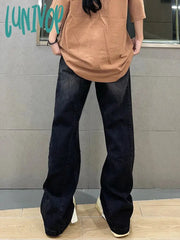 Lunivop Fall Woman Denim Jeans Loose High Waist Straight Leg Wash Solid Color Y2K Pockets With Belt