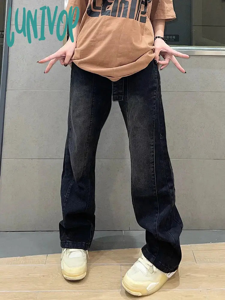 Lunivop Fall Woman Denim Jeans Loose High Waist Straight Leg Wash Solid Color Y2K Pockets With Belt