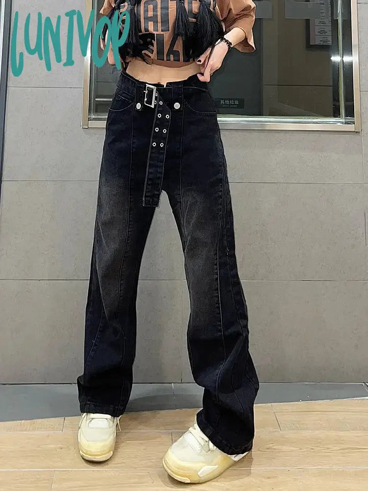 Lunivop Fall Woman Denim Jeans Loose High Waist Straight Leg Wash Solid Color Y2K Pockets With Belt