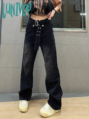 Lunivop Fall Woman Denim Jeans Loose High Waist Straight Leg Wash Solid Color Y2K Pockets With Belt