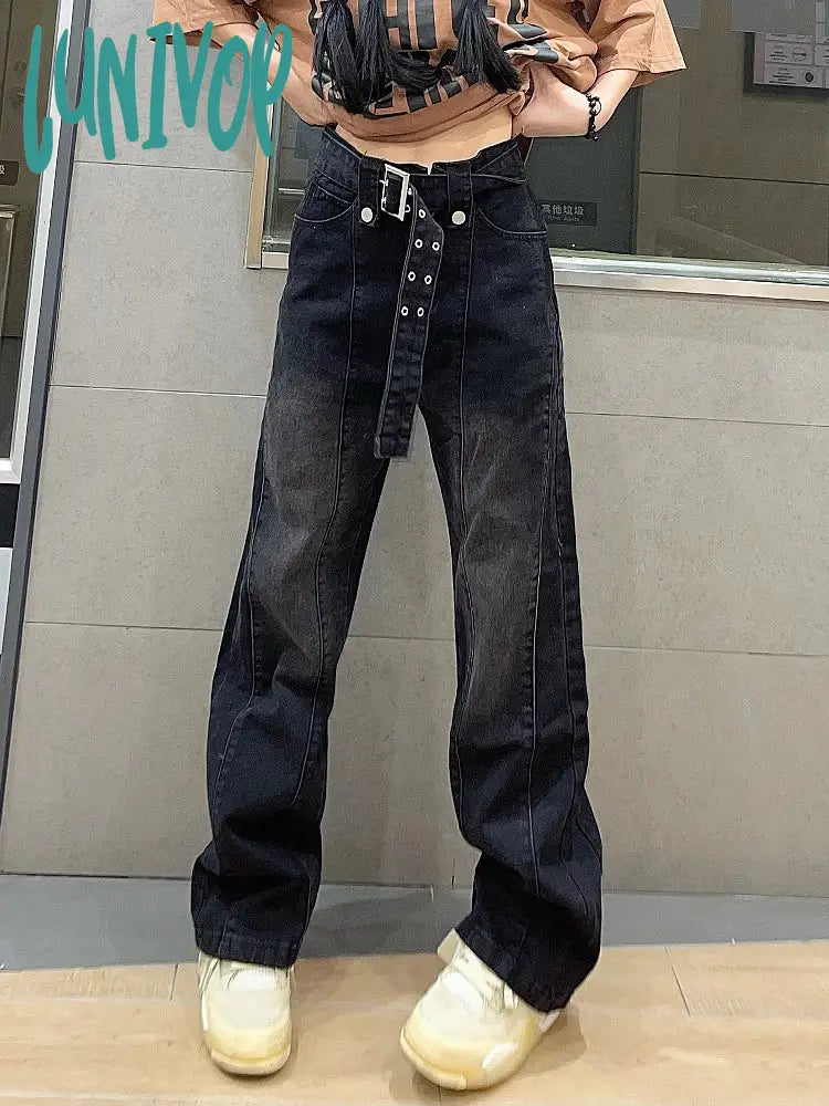 Lunivop Fall Woman Denim Jeans Loose High Waist Straight Leg Wash Solid Color Y2K Pockets With Belt