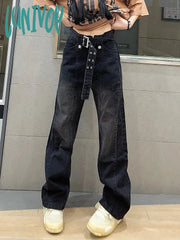 Lunivop Fall Woman Denim Jeans Loose High Waist Straight Leg Wash Solid Color Y2K Pockets With Belt