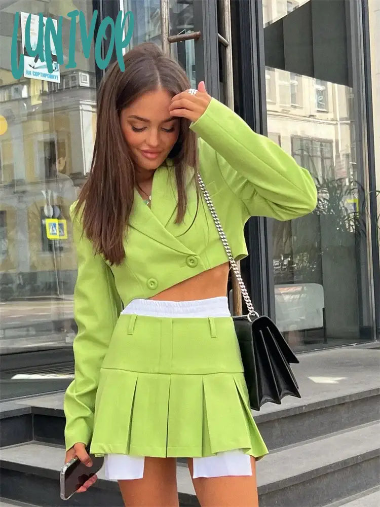 Lunivop Fall Women Blazer Suit Two Piece Sets Turn-Down Collar Blazers Tops And Pleated Skirts