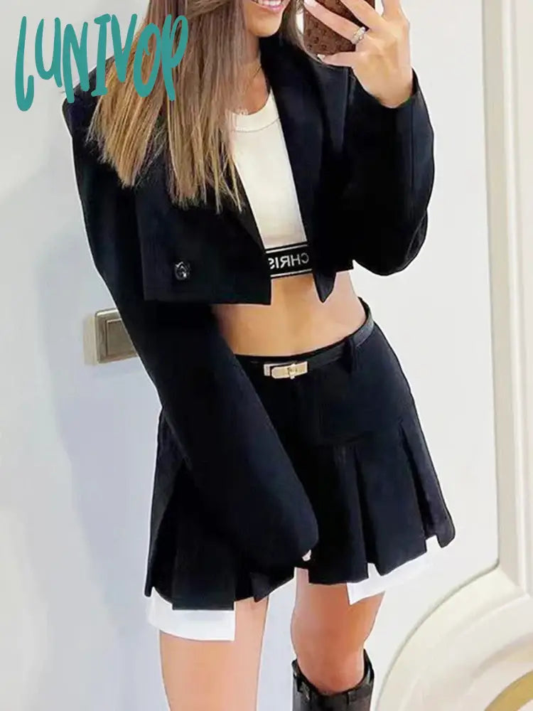 Lunivop Fall Women Blazer Suit Two Piece Sets Turn-Down Collar Blazers Tops And Pleated Skirts