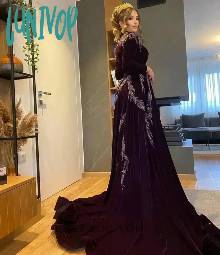 Lunivop Fashion Arabic High Neck Evening Dresses Sexy Mermaid Side Slit Court Party Gown Velvet