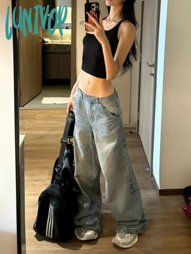 Lunivop Fashion Blue Casual Wide Leg Jeans Oversized High Waisted Vintage Wash Loose Straight