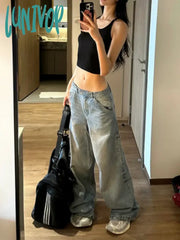 Lunivop Fashion Blue Casual Wide Leg Jeans Oversized High Waisted Vintage Wash Loose Straight