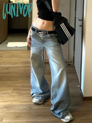 Lunivop Fashion Blue Casual Wide Leg Jeans Oversized High Waisted Vintage Wash Loose Straight
