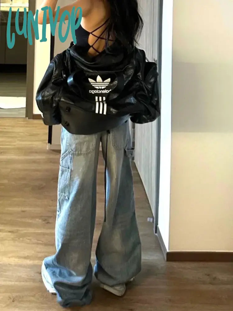 Lunivop Fashion Blue Casual Wide Leg Jeans Oversized High Waisted Vintage Wash Loose Straight