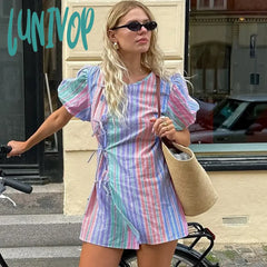 Lunivop Fashion Bow Lace Up Rainbow Stripe Dress For Women Puff Sleeve Mini Slim High Waist Clubs