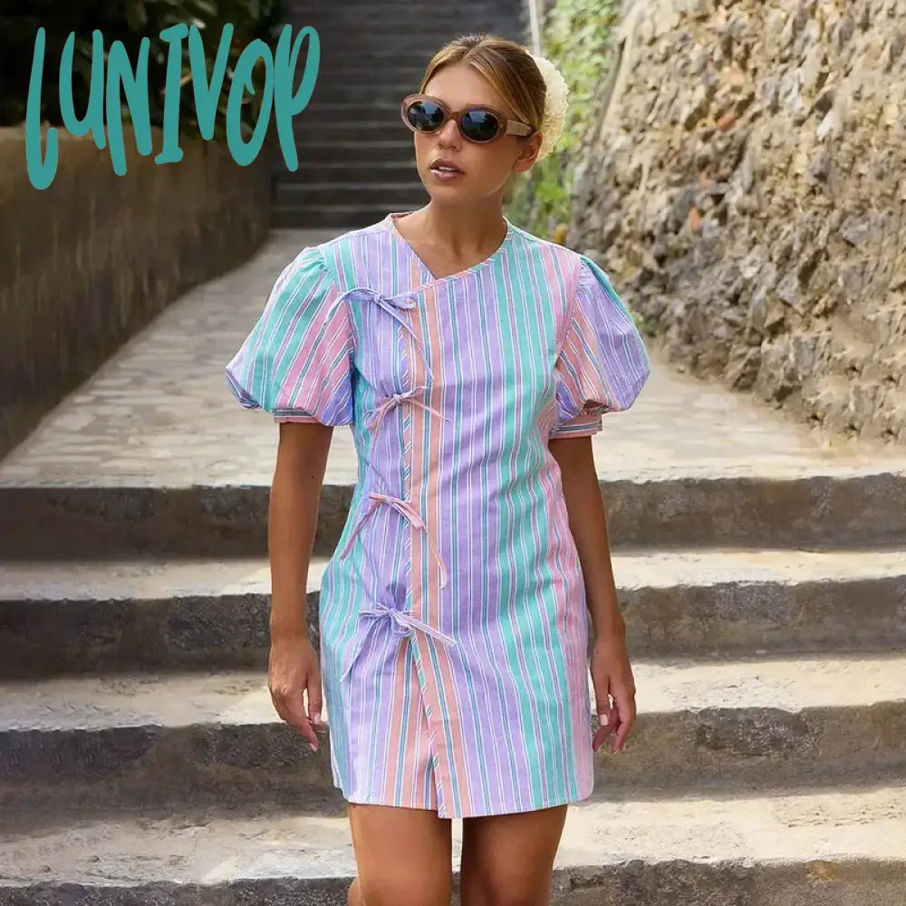 Lunivop Fashion Bow Lace Up Rainbow Stripe Dress For Women Puff Sleeve Mini Slim High Waist Clubs