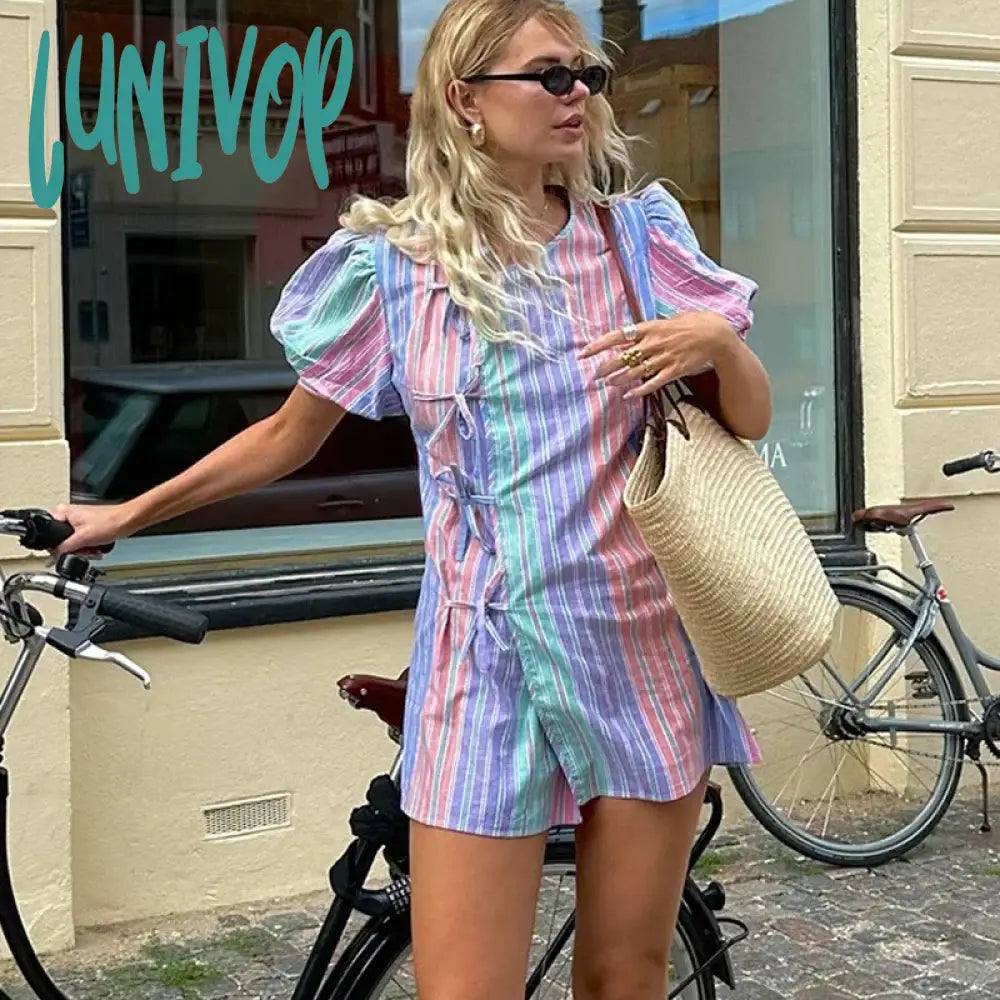 Lunivop Fashion Bow Lace Up Rainbow Stripe Dress For Women Puff Sleeve Mini Slim High Waist Clubs