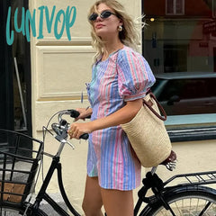 Lunivop Fashion Bow Lace Up Rainbow Stripe Dress For Women Puff Sleeve Mini Slim High Waist Clubs