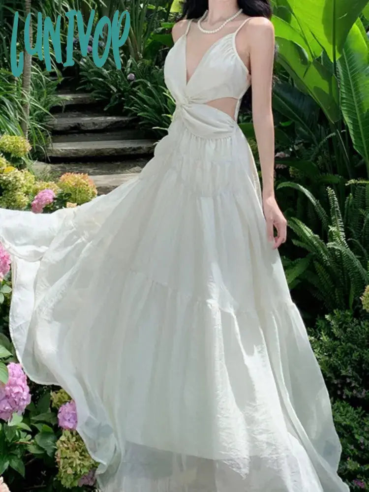 Lunivop Fashion Elegant Casual Women Summer Dress Spaghetti Strap Vintage A-Line Solid Chic Party