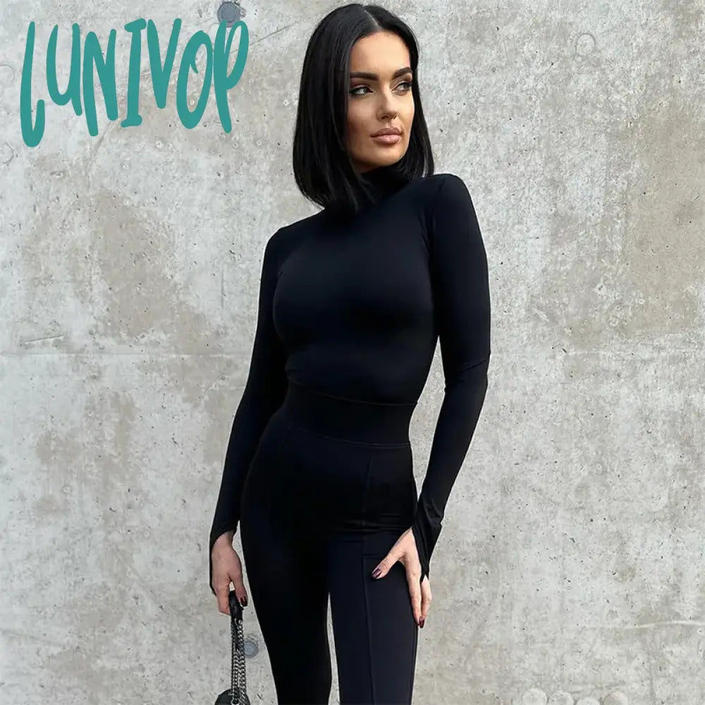 Lunivop Fashion Elegant High Rise Bodysuits Outfits For Women Skinny Long Sleeve Turtleneck Tops