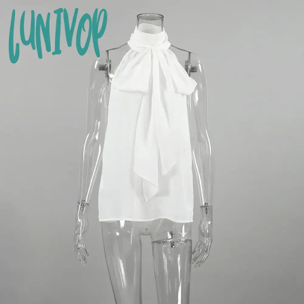 Lunivop Fashion Elegant White Bow Lace Up Halter Neck Vest Top Women’s Sleeveless Turtleneck