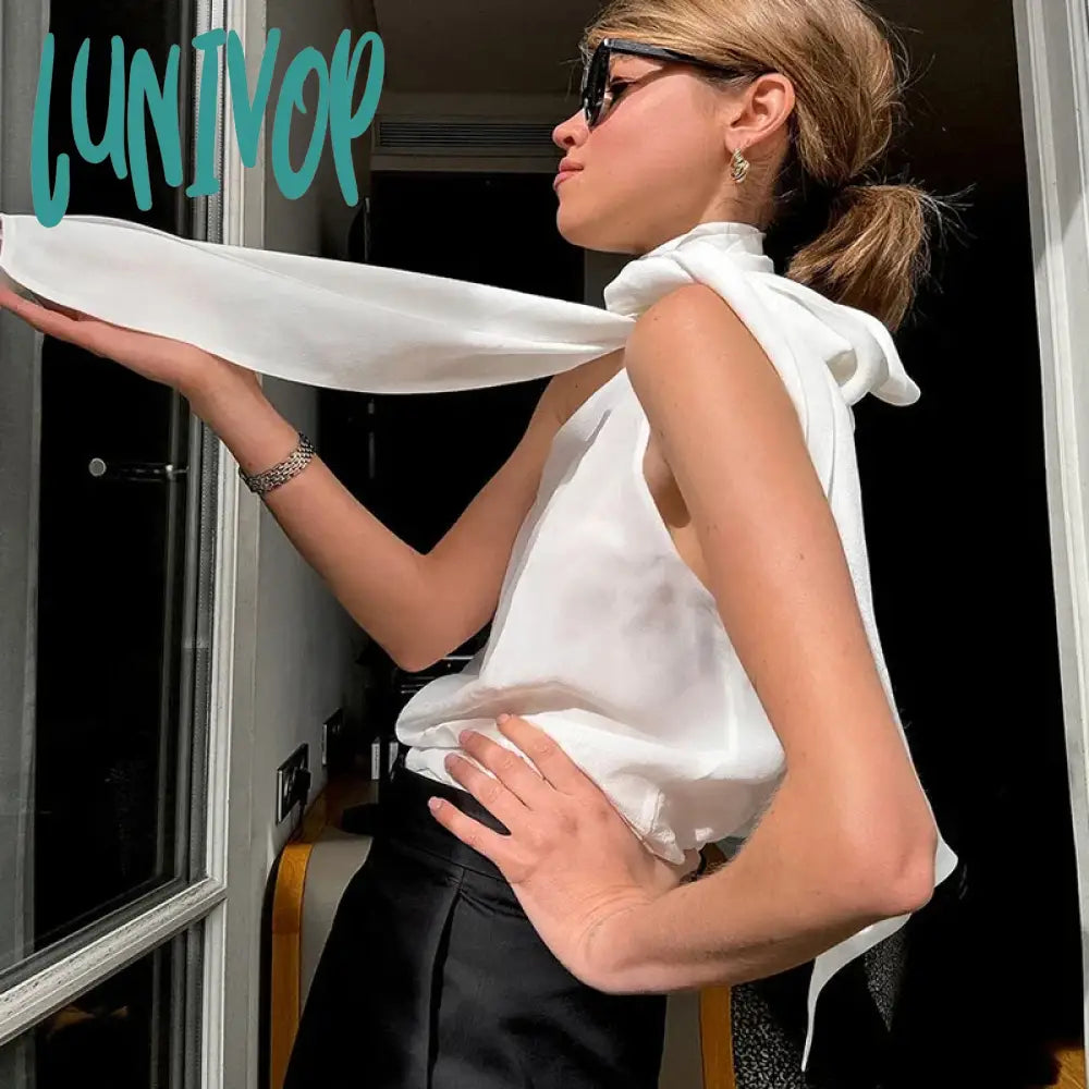 Lunivop Fashion Elegant White Bow Lace Up Halter Neck Vest Top Women’s Sleeveless Turtleneck