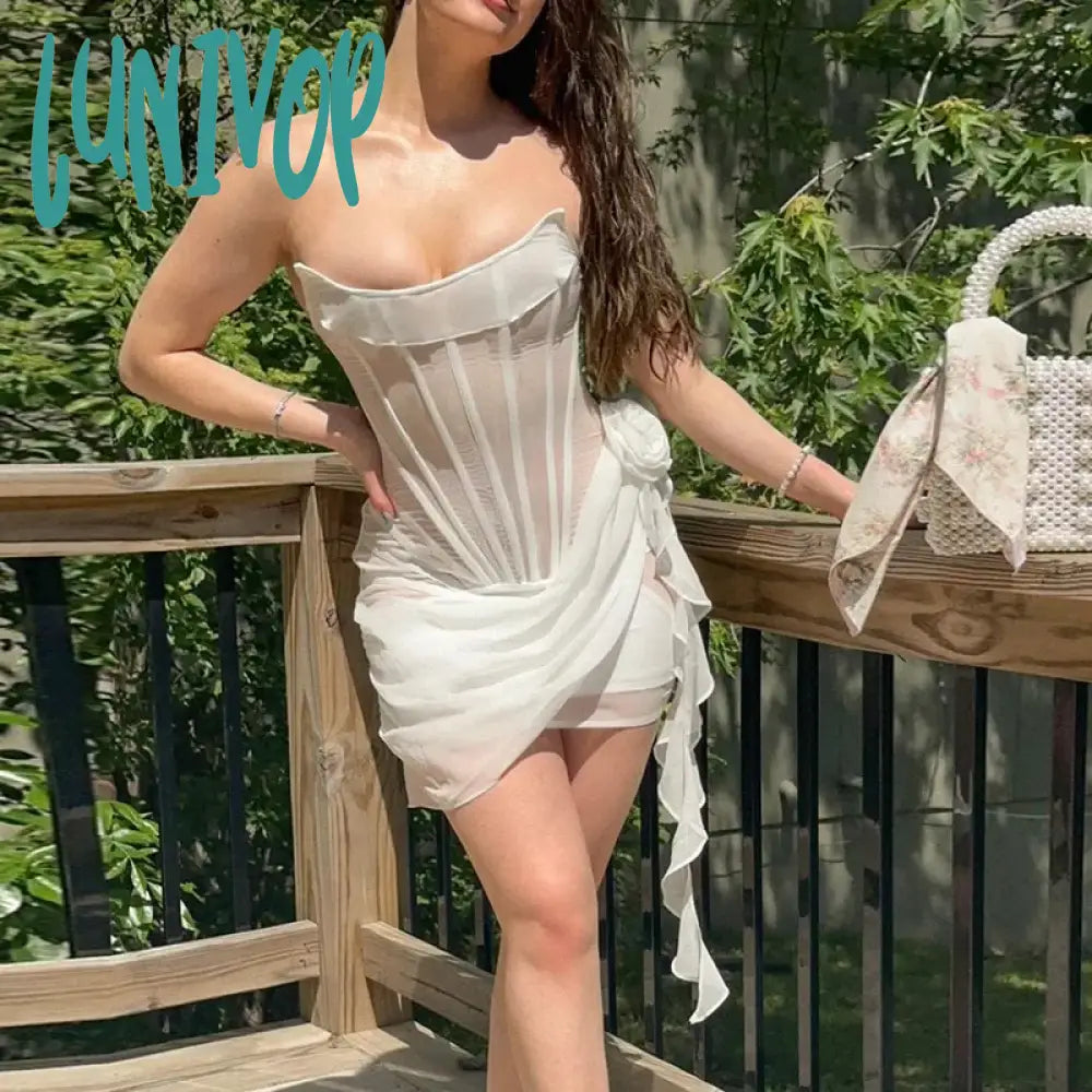 Lunivop Fashion Fish Bone Mesh Splice Backless Strapless Floral Applique Dress For Women Sexy See