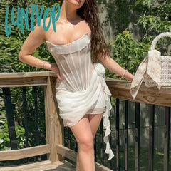Lunivop Fashion Fish Bone Mesh Splice Backless Strapless Floral Applique Dress For Women Sexy See