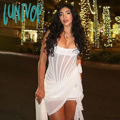 Lunivop Fashion Fish Bone Mesh Splice Backless Strapless Floral Applique Dress For Women Sexy See