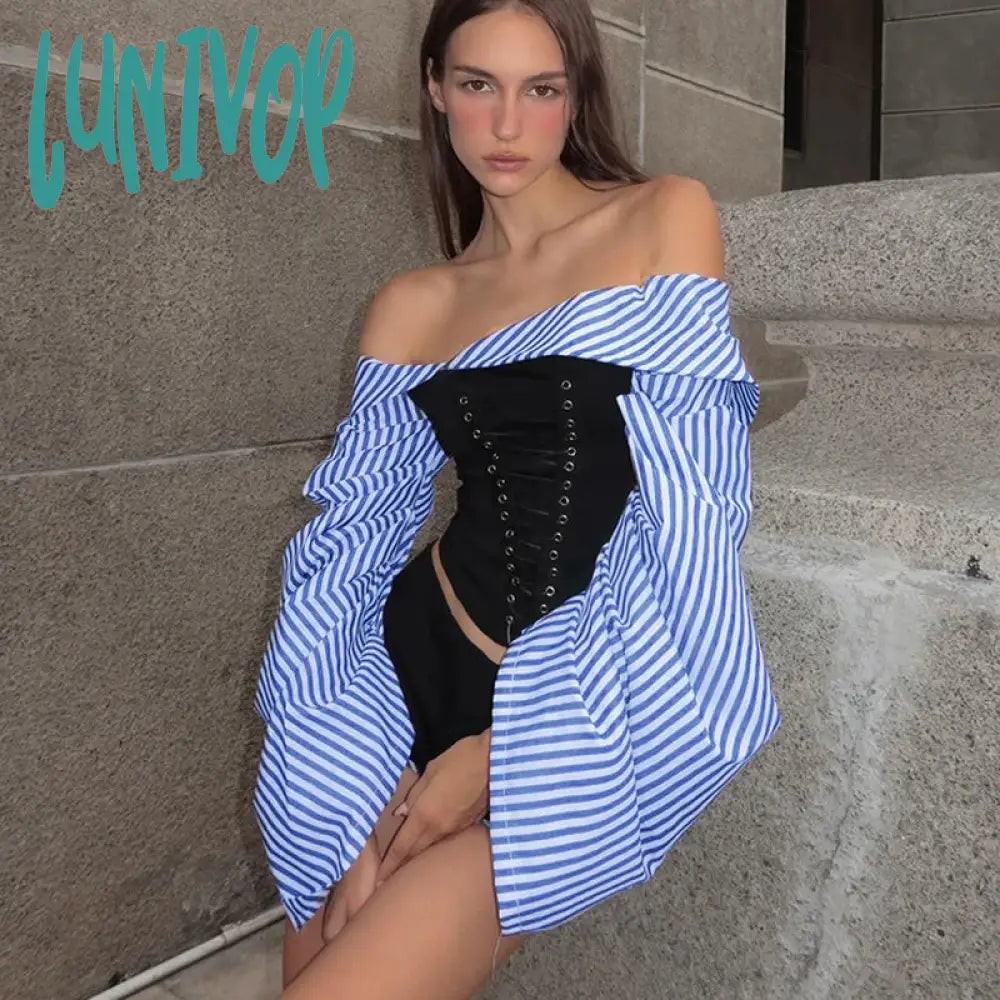 Lunivop Fashion Hot Girl Shorts Suit Women’s One-Shulder Striped Shirt Irregular Splice Eyelet