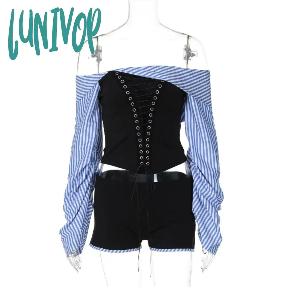 Lunivop Fashion Hot Girl Shorts Suit Women’s One-Shulder Striped Shirt Irregular Splice Eyelet