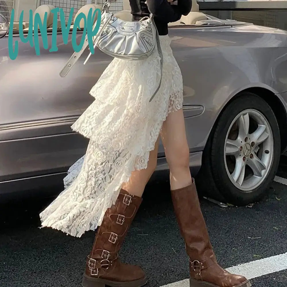 Lunivop Fashion Lace Skirt For Women Double-Deck Irregular Sexy See Through White Patchwork Y2K Hot