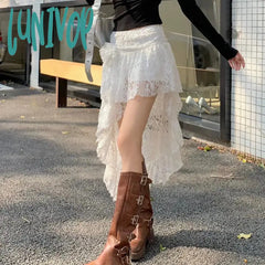 Lunivop Fashion Lace Skirt For Women Double-Deck Irregular Sexy See Through White Patchwork Y2K Hot