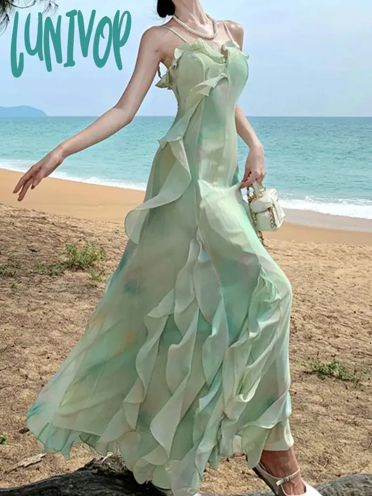 Lunivop Fashion New Women Summer Elegant Casual Midi Green Dress Spaghetti Strap Vintage A-Line