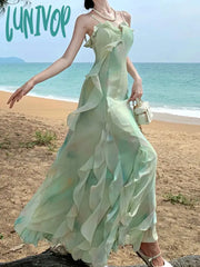 Lunivop Fashion New Women Summer Elegant Casual Midi Green Dress Spaghetti Strap Vintage A-Line