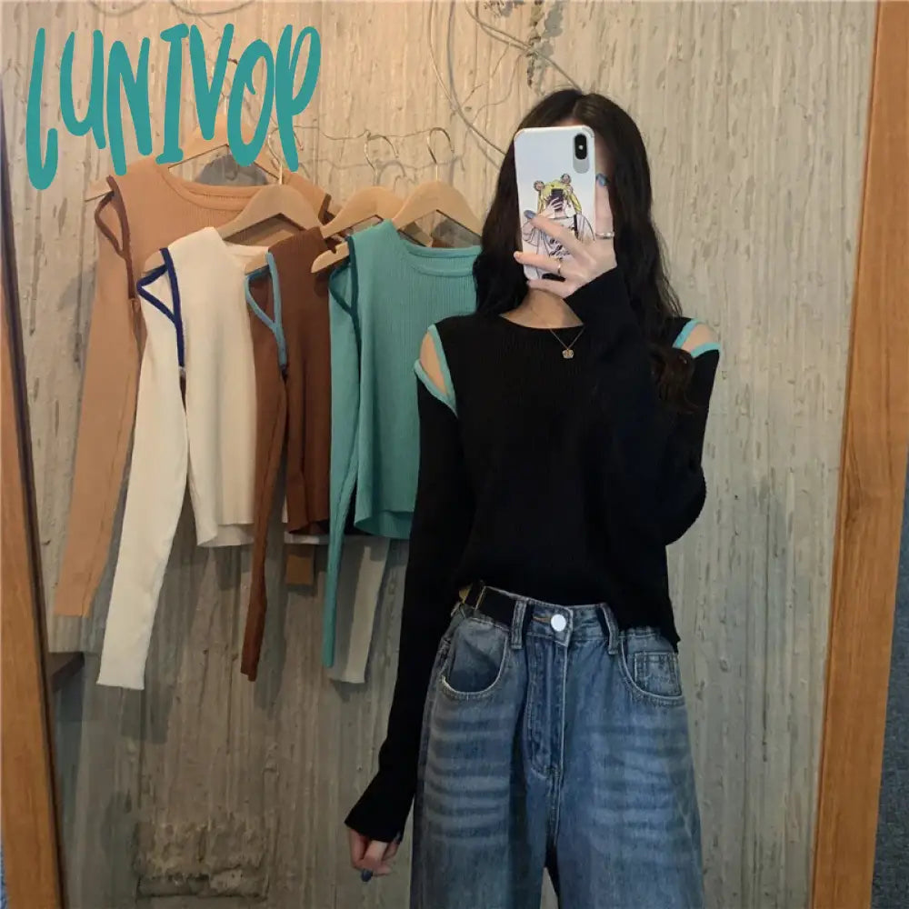 Lunivop Fashion Off-The-Shoulder Women’s Pullover Tops Long-Sleeve Autumn New Knitted Shirt Round