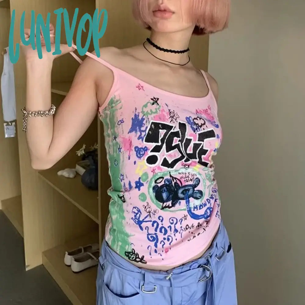 Lunivop Fashion Retro Graffiti Print Pink Camisole Vest 2024 Summer New Slim Fit Tank Top Y2K