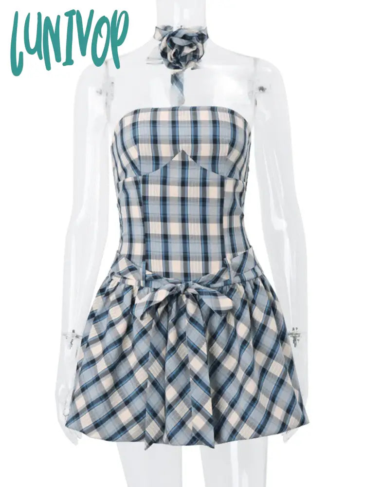 Lunivop Fashion Retro Tube Top Floral Plaid Print Strap Bud Dress For Women Folds Hem Splice Mini