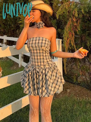 Lunivop Fashion Retro Tube Top Floral Plaid Print Strap Bud Dress For Women Folds Hem Splice Mini