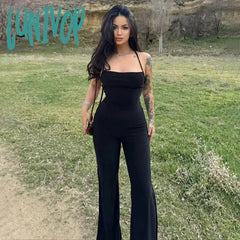 Lunivop Fashion Sexy Black Jumpsuits Women Y2K Backless Bandage Skinny Split Alt Sleeveless