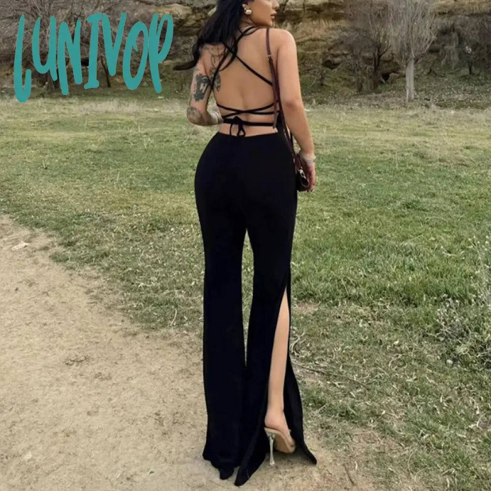 Lunivop Fashion Sexy Black Jumpsuits Women Y2K Backless Bandage Skinny Split Alt Sleeveless