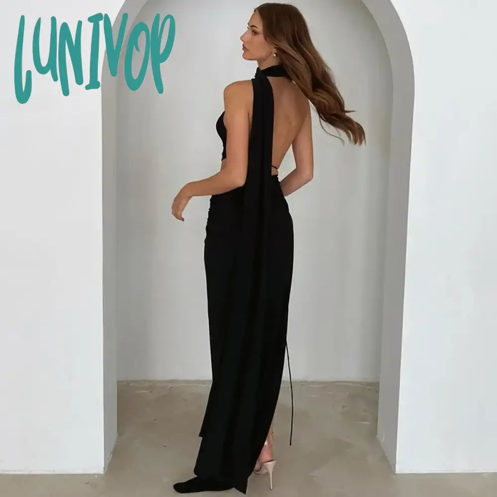 Lunivop Fashion Sexy Cut Out Backless Maxi Dress Club Party Elegant Outfits Sleeveless Halter