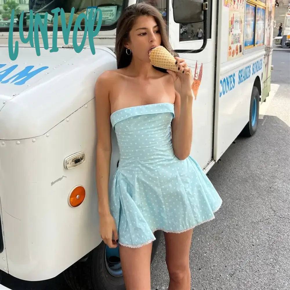 Lunivop Fashion Sexy Hot Girl Slash Neck Strapless Dress For Women Slim Fit Dot Print Lace Sweet