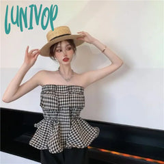 Lunivop Fashion Sexy Off Shoulder Strapless Tops Y2K Slim Waist Ruffles Vest For Women 2024 Summer