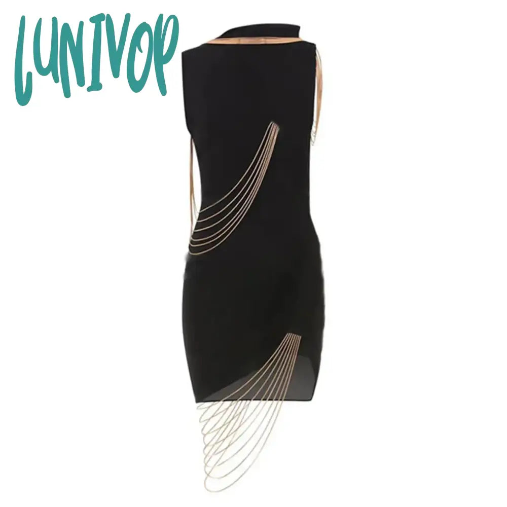 Lunivop Fashion Sexy Summer Chain Black Bodycon Mini Bandage Dress Elegant Luxury Birthday Evening