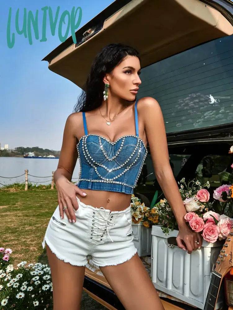 Lunivop Fashion Sexy Women Carnival Festival Rhinestone Blue Denim Crop Cami Bustier Top Heavy