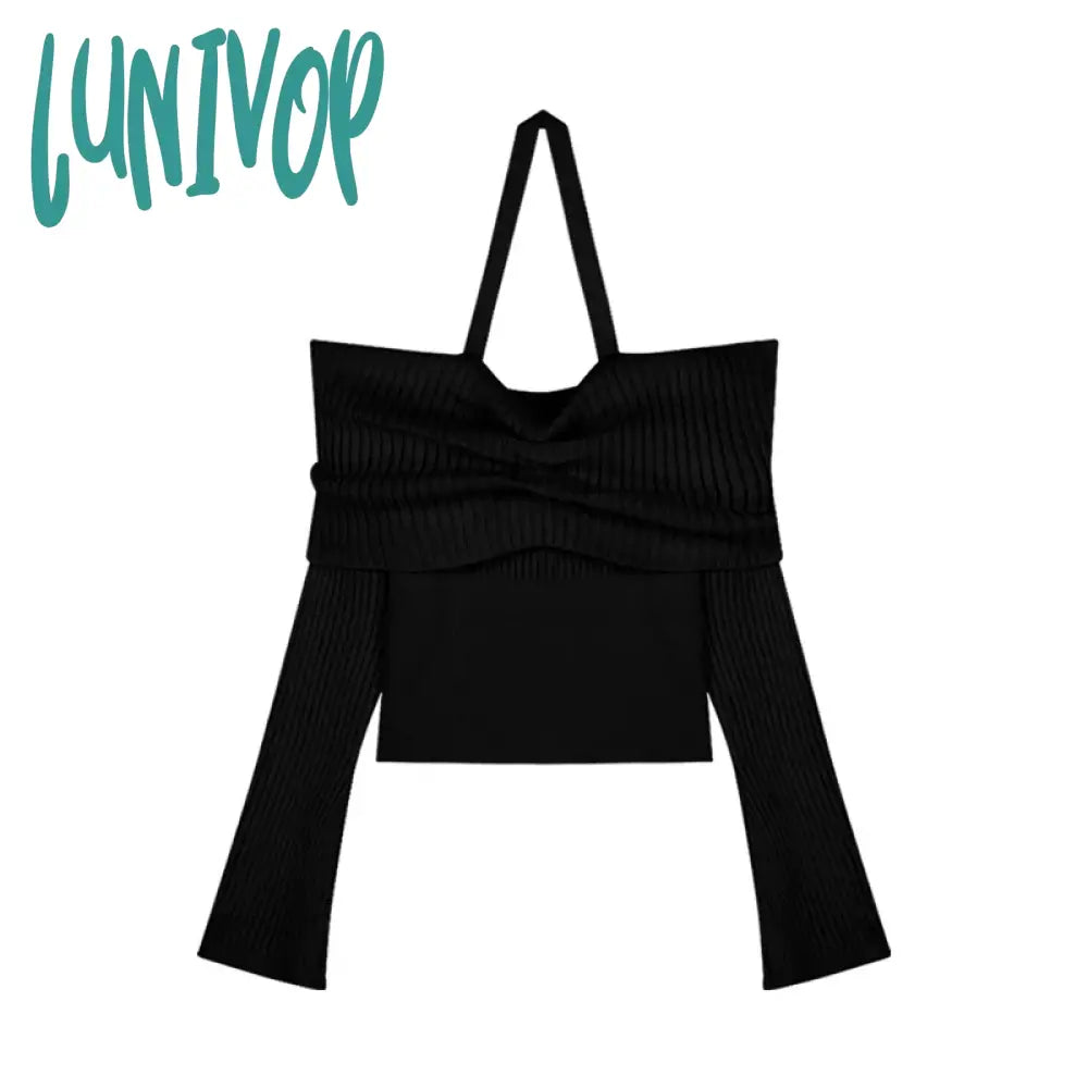 Lunivop Fashion Solid Color Off Shoulder Slash Neck Sweaters Women Autumn Y2K Knitted Pullovers