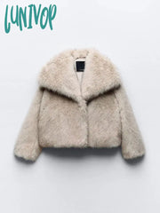 Lunivop Fashion Solid Women’s Short Fur Thick Jacket Elegant Lapel Long Sleeved Plush Warm Coat