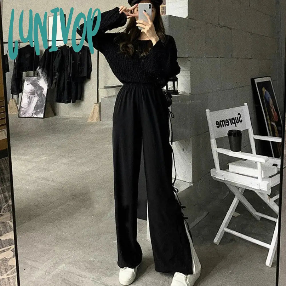 Lunivop Fashion Spliced Wide Leg Pants Women High Waist Bow Chic Design Straight Trousers Spring