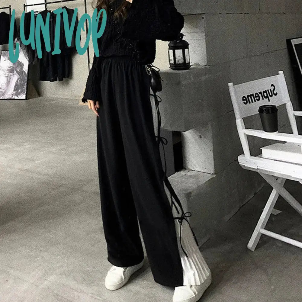 Lunivop Fashion Spliced Wide Leg Pants Women High Waist Bow Chic Design Straight Trousers Spring