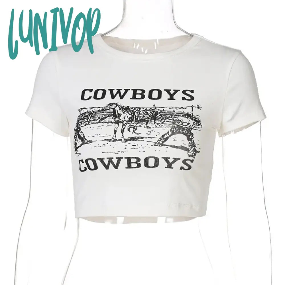Lunivop Fashion Streetwear O-Neck Slim T-Shirt Women Summer Y2K 2024 Letter Print Basic Crop Top