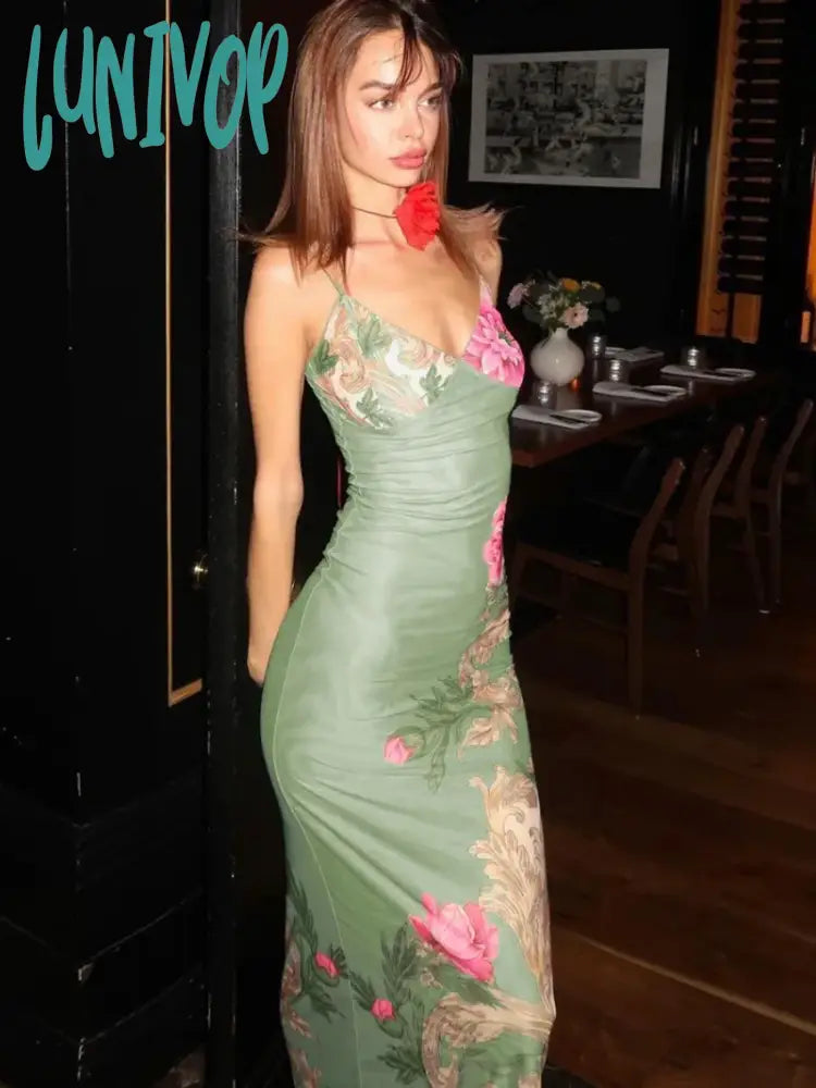 Lunivop Fashion V-Neck Floral Printed Holiday Slip Dresses For Women Sleeveless High Waist Backless